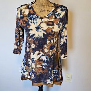 LOGO Lori Goldstein Blue Gold Floral Tunic Top 3/4 Sleeves Size Small